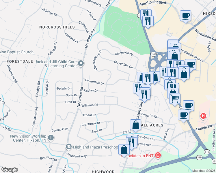 map of restaurants, bars, coffee shops, grocery stores, and more near 4457 Cloverdale Loop in Chattanooga