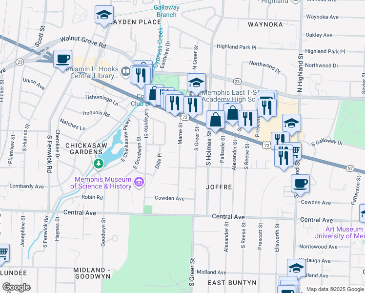 map of restaurants, bars, coffee shops, grocery stores, and more near 124 Marne Street in Memphis