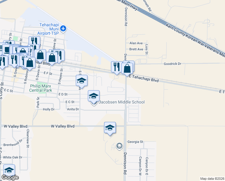 map of restaurants, bars, coffee shops, grocery stores, and more near 333 Dennison Road in Tehachapi