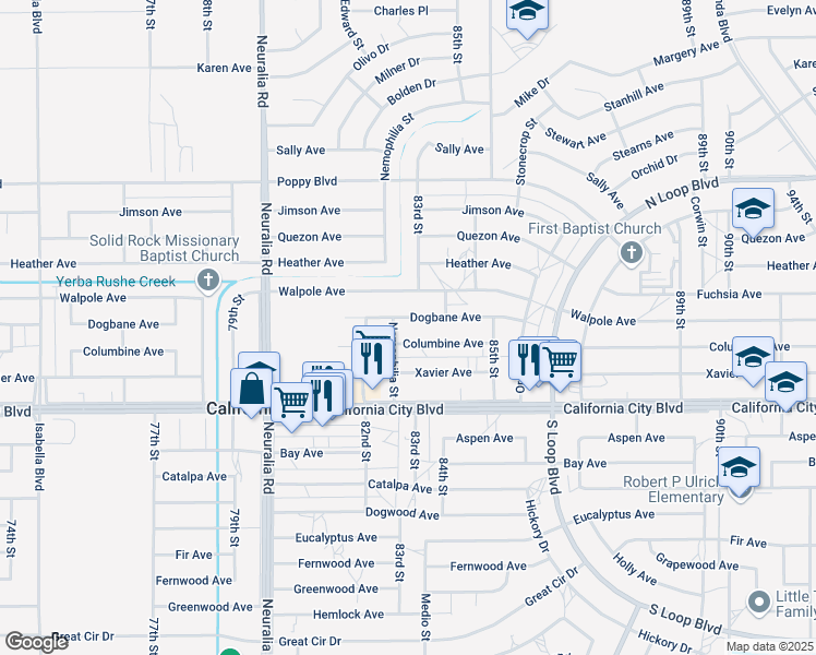 map of restaurants, bars, coffee shops, grocery stores, and more near 8342 Dogbane Avenue in California City
