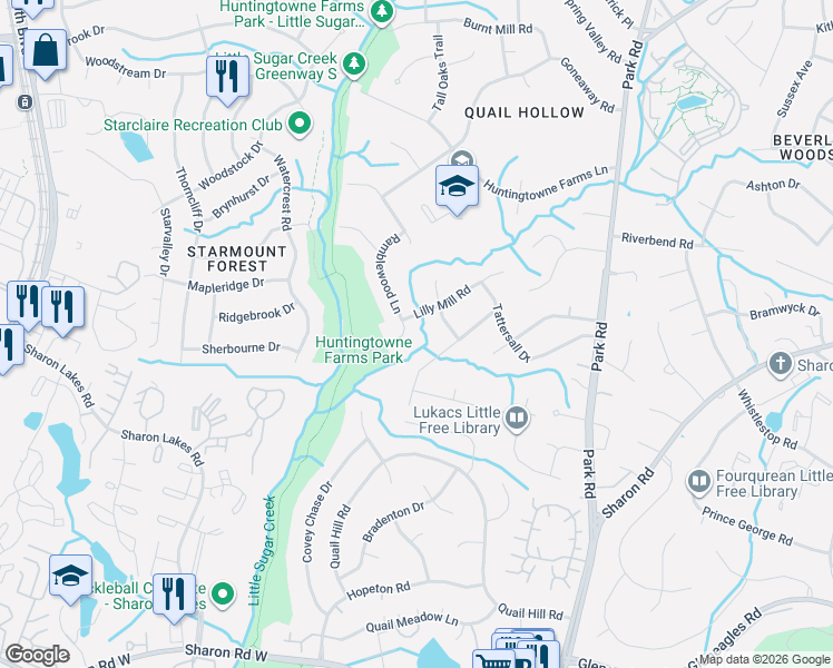 map of restaurants, bars, coffee shops, grocery stores, and more near 2225 Ramblewood Lane in Charlotte