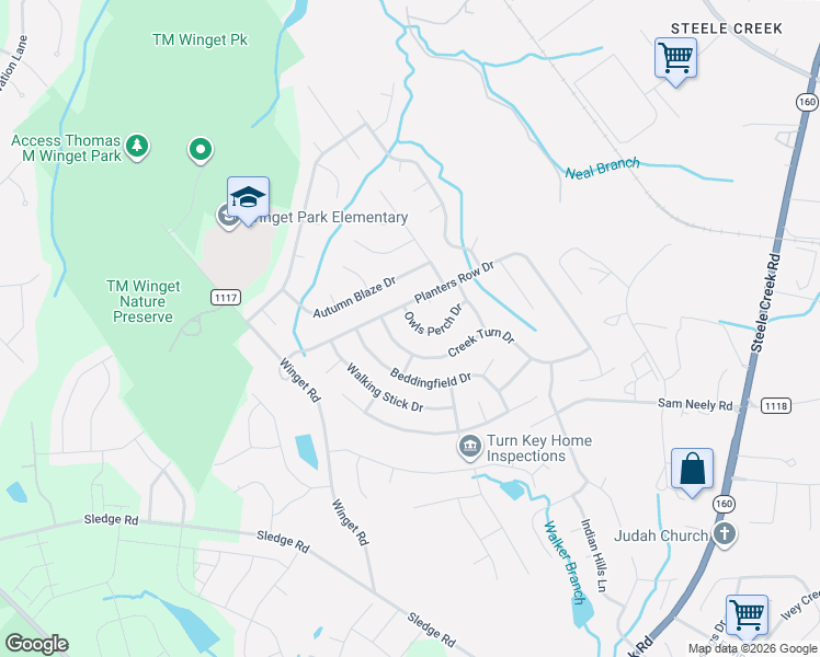 map of restaurants, bars, coffee shops, grocery stores, and more near 4325 Owls Perch Drive in Charlotte