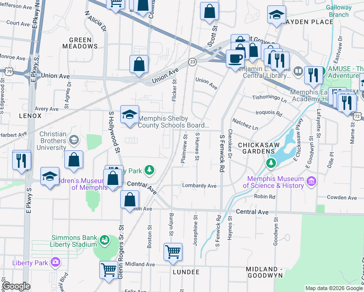 map of restaurants, bars, coffee shops, grocery stores, and more near 132 Plainview Street in Memphis