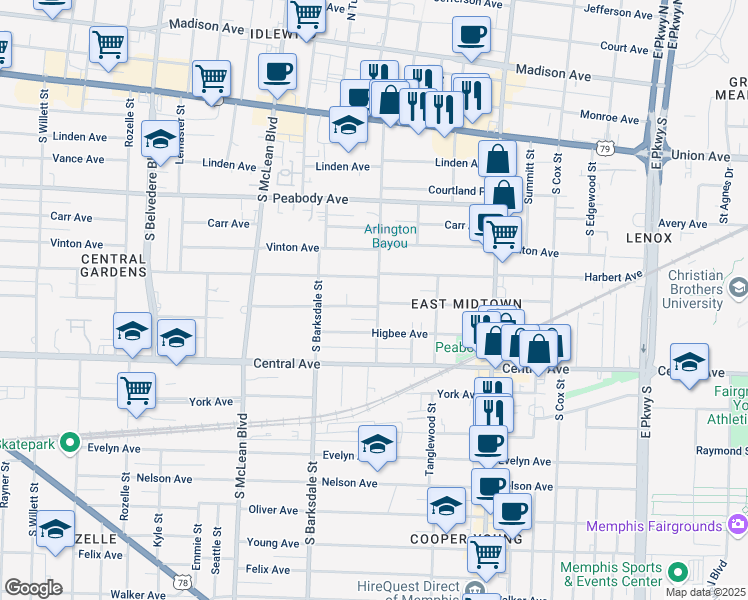map of restaurants, bars, coffee shops, grocery stores, and more near 1992 Cowden Avenue in Memphis