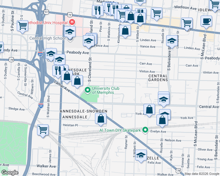 map of restaurants, bars, coffee shops, grocery stores, and more near 1457 Goodbar Avenue in Memphis