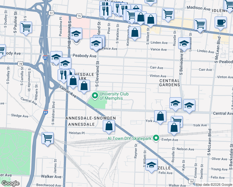 map of restaurants, bars, coffee shops, grocery stores, and more near 1409 Goodbar Avenue in Memphis