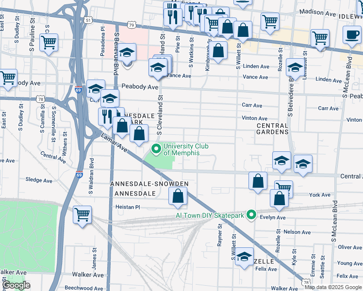 map of restaurants, bars, coffee shops, grocery stores, and more near 1409 Goodbar Avenue in Memphis