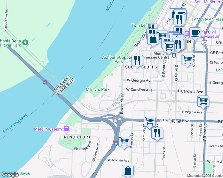 map of restaurants, bars, coffee shops, grocery stores, and more near 92 Founders Lane in Memphis
