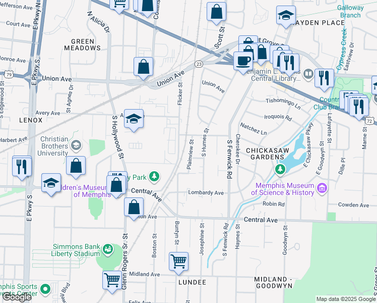 map of restaurants, bars, coffee shops, grocery stores, and more near 132 Plainview Street in Memphis