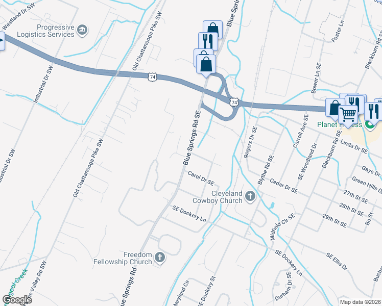 map of restaurants, bars, coffee shops, grocery stores, and more near 206 Jones Drive in Cleveland