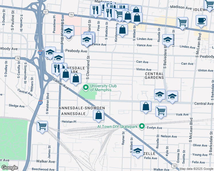 map of restaurants, bars, coffee shops, grocery stores, and more near 1435 Goodbar Avenue in Memphis