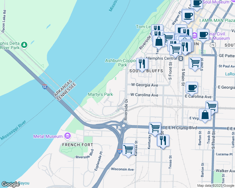 map of restaurants, bars, coffee shops, grocery stores, and more near 717 Riverside Drive in Memphis