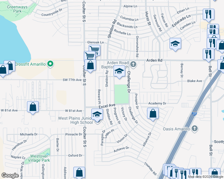 map of restaurants, bars, coffee shops, grocery stores, and more near 7714 Progress Drive in Amarillo