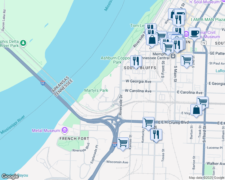 map of restaurants, bars, coffee shops, grocery stores, and more near 717 Riverside Drive in Memphis