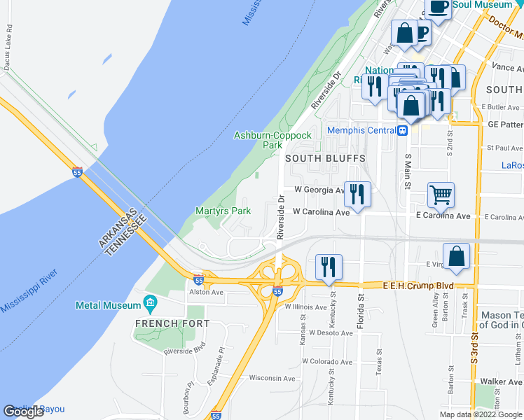 map of restaurants, bars, coffee shops, grocery stores, and more near 717 Riverside Drive in Memphis