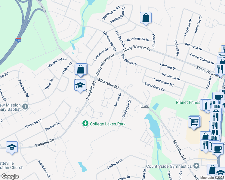 map of restaurants, bars, coffee shops, grocery stores, and more near 2545 McArthur Landing Cir in Fayetteville