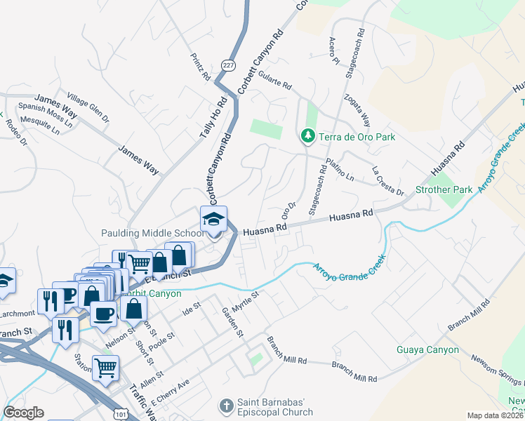 map of restaurants, bars, coffee shops, grocery stores, and more near 800 Plata Road in Arroyo Grande