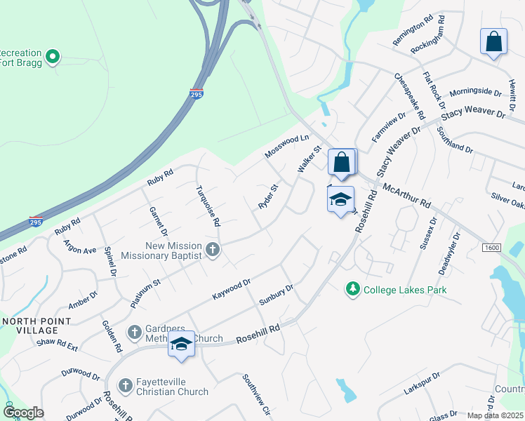 map of restaurants, bars, coffee shops, grocery stores, and more near 615 Ryder Street in Fayetteville