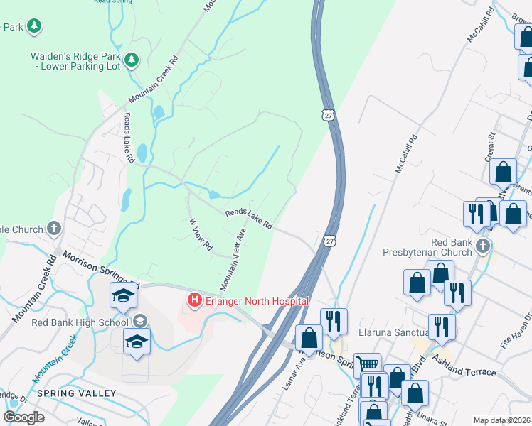 map of restaurants, bars, coffee shops, grocery stores, and more near 535 Reads Lake Rd in Chattanooga