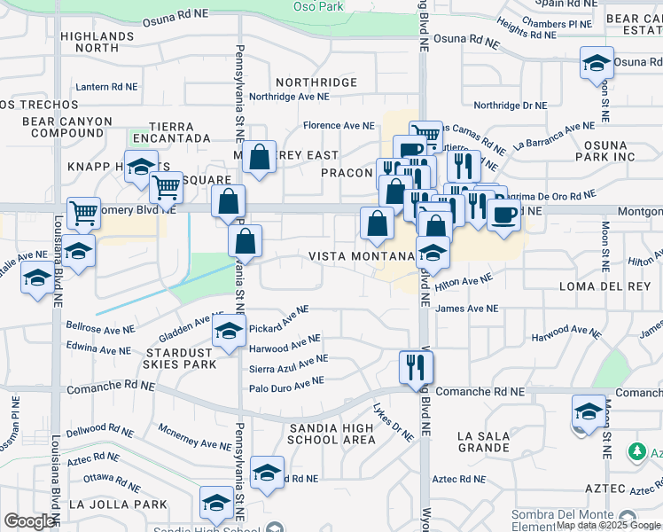 map of restaurants, bars, coffee shops, grocery stores, and more near 99999 Hendrix Road Northeast in Albuquerque