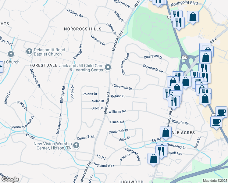 map of restaurants, bars, coffee shops, grocery stores, and more near 4453 Koblan Court in Chattanooga