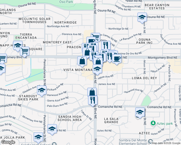 map of restaurants, bars, coffee shops, grocery stores, and more near 4301 Wyoming Boulevard Northeast in Albuquerque