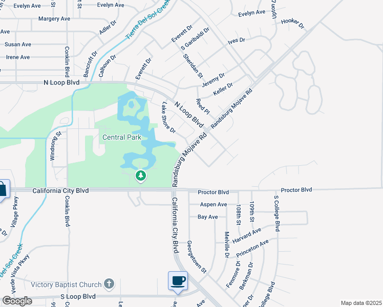 map of restaurants, bars, coffee shops, grocery stores, and more near 10621 Applewood Drive in California City