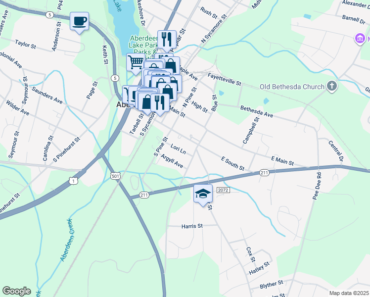 map of restaurants, bars, coffee shops, grocery stores, and more near 128 Lori Lane in Aberdeen