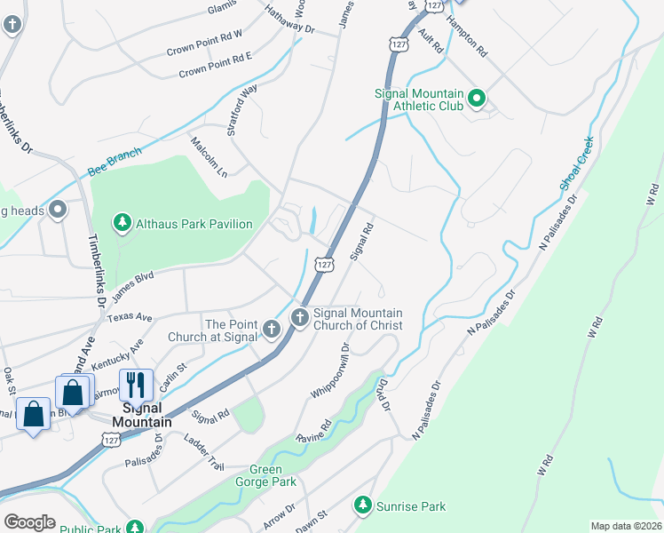 map of restaurants, bars, coffee shops, grocery stores, and more near 1018 Taft Highway in Signal Mountain