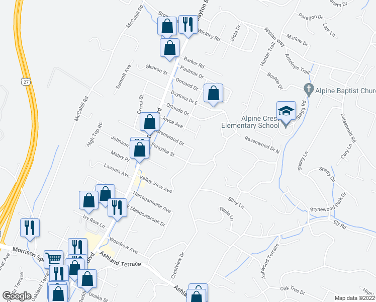 map of restaurants, bars, coffee shops, grocery stores, and more near 206 Brentwood Drive in Chattanooga