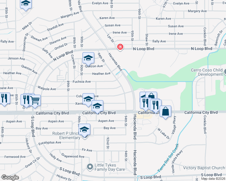 map of restaurants, bars, coffee shops, grocery stores, and more near 9232 Walpole Avenue in California City