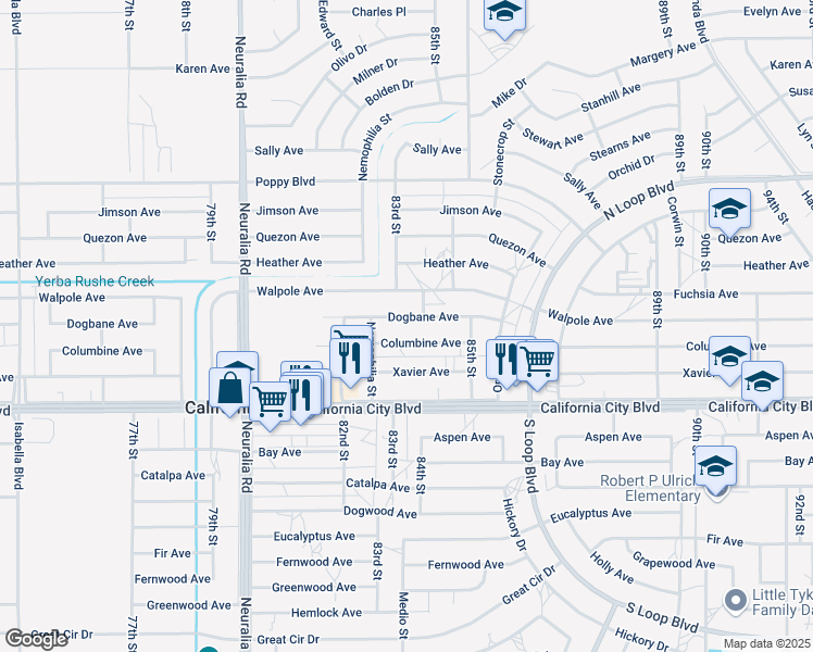map of restaurants, bars, coffee shops, grocery stores, and more near 8342 Dogbane Avenue in California City
