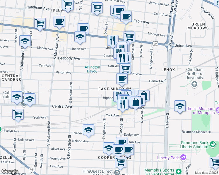 map of restaurants, bars, coffee shops, grocery stores, and more near 2076 Cowden Avenue in Memphis