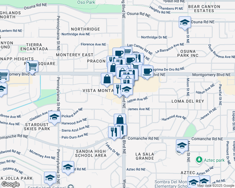 map of restaurants, bars, coffee shops, grocery stores, and more near 4301 Wyoming Boulevard Northeast in Albuquerque