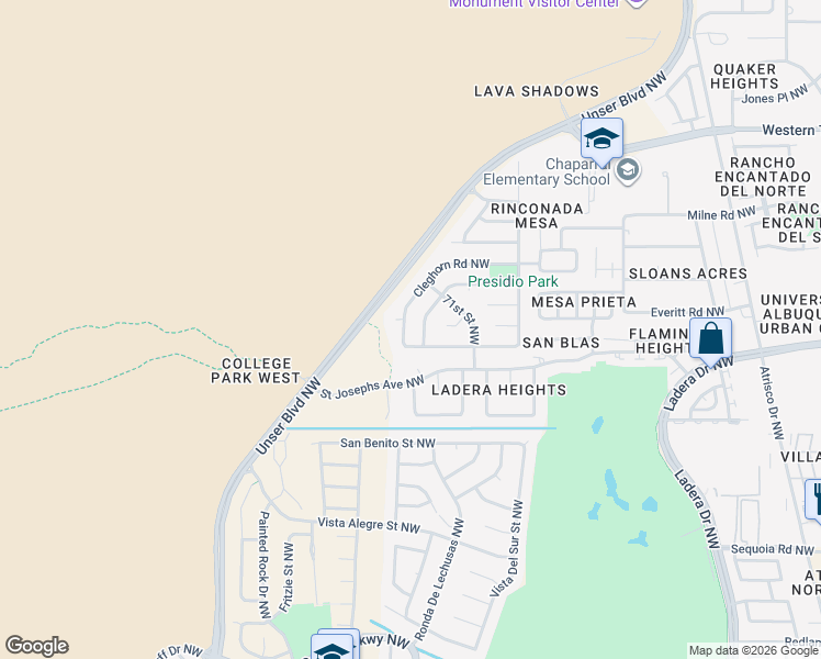map of restaurants, bars, coffee shops, grocery stores, and more near 7408 Cleghorn Road Northwest in Albuquerque