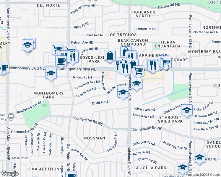 map of restaurants, bars, coffee shops, grocery stores, and more near 3808 Andrew Drive Northeast in Albuquerque