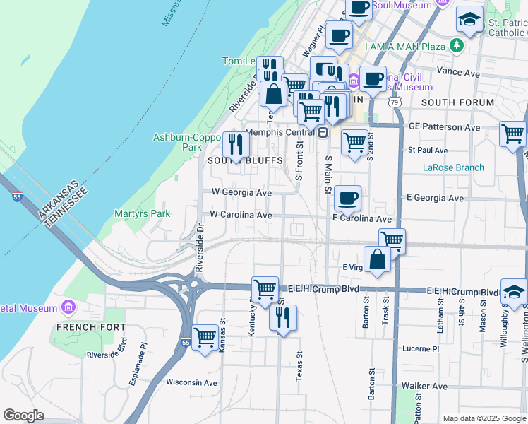 map of restaurants, bars, coffee shops, grocery stores, and more near 665 Tennessee Street in Memphis