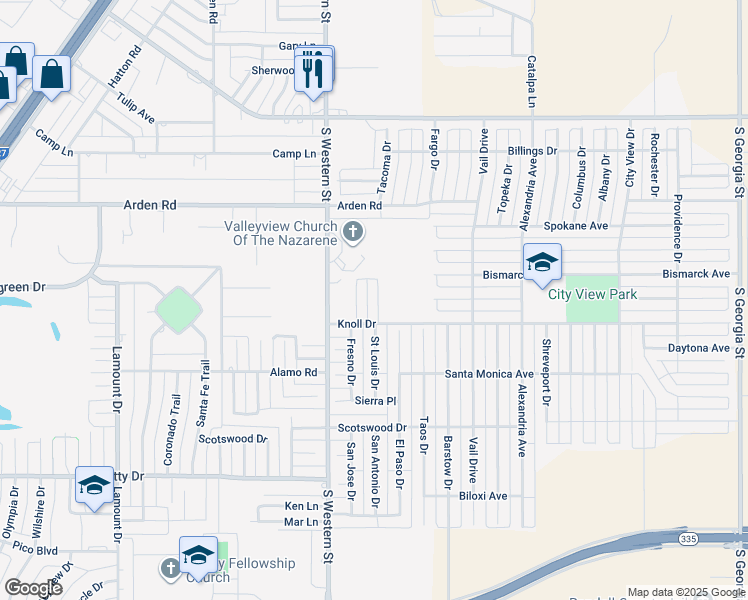 map of restaurants, bars, coffee shops, grocery stores, and more near 4138 Knoll Dr in Amarillo