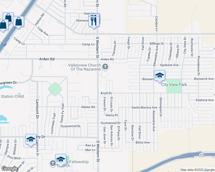 map of restaurants, bars, coffee shops, grocery stores, and more near 7633 South Western Street in Amarillo
