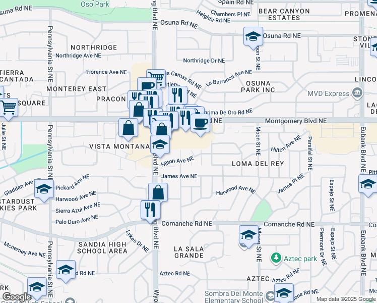 map of restaurants, bars, coffee shops, grocery stores, and more near 3905 Denise Court Northeast in Albuquerque
