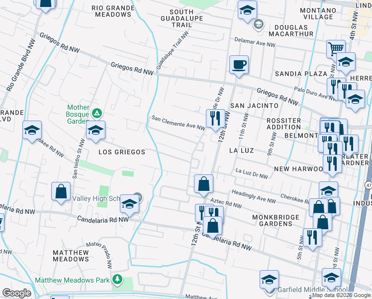 map of restaurants, bars, coffee shops, grocery stores, and more near 1317 Arcadian Trail Northwest in Albuquerque