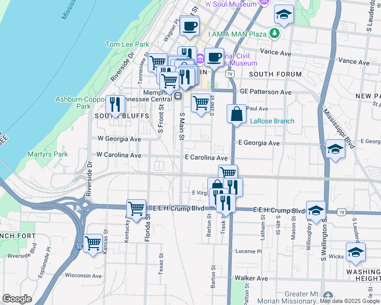 map of restaurants, bars, coffee shops, grocery stores, and more near 93 Toulouse Street in Memphis