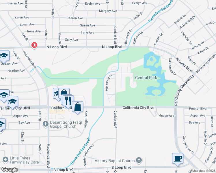 map of restaurants, bars, coffee shops, grocery stores, and more near 9901 Putter Court in California City