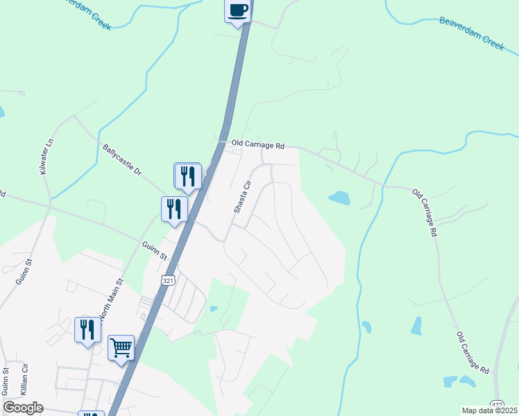map of restaurants, bars, coffee shops, grocery stores, and more near 6044 Shamrock Green Drive in Clover