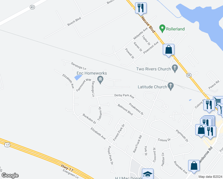 map of restaurants, bars, coffee shops, grocery stores, and more near 218 Fairmount Way in New Bern