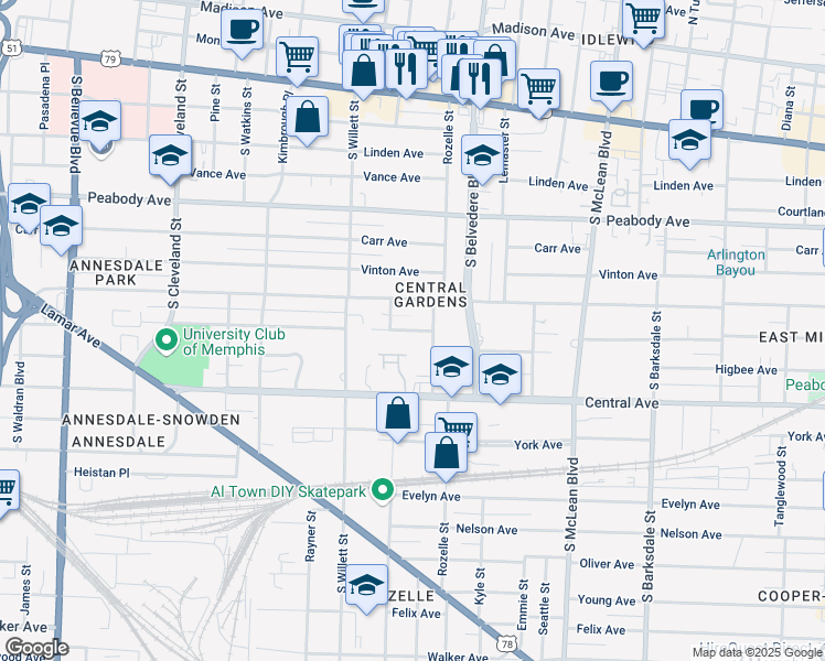 map of restaurants, bars, coffee shops, grocery stores, and more near 1628 Goodbar Avenue in Memphis