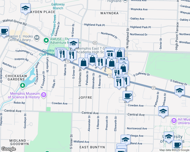map of restaurants, bars, coffee shops, grocery stores, and more near 124 Alexander Street in Memphis