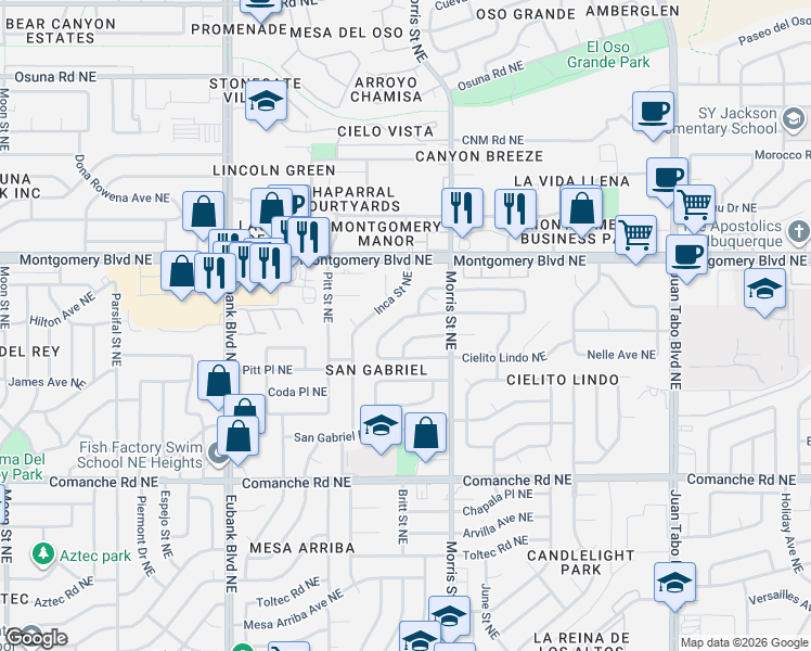 map of restaurants, bars, coffee shops, grocery stores, and more near 10235 Karen Avenue Northeast in Albuquerque