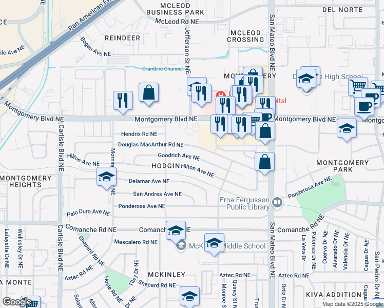 map of restaurants, bars, coffee shops, grocery stores, and more near 4513 Goodrich Avenue Northeast in Albuquerque
