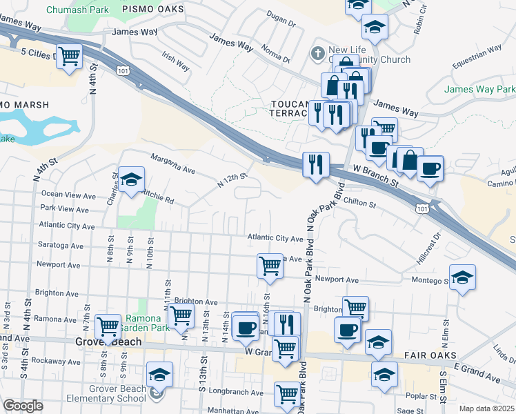 map of restaurants, bars, coffee shops, grocery stores, and more near 1535 Cabrillo Court in Grover Beach